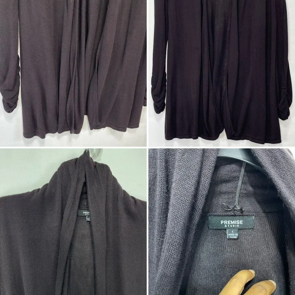 Premise Studio Women Cardigan L Brown Open Ruched Sleeve Cardigan Sweater